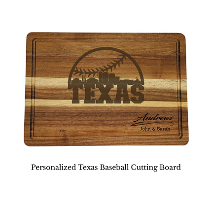 Texas baseball cutting board personalized with name laser engraved on acacia wood isolated on white background