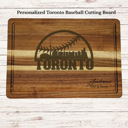 Personalized Toronto baseball cutting board engraved on acacia wood with custom family name and skyline design