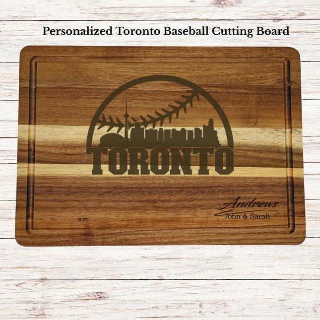 Personalized Toronto baseball cutting board engraved on acacia wood with custom family name and skyline design