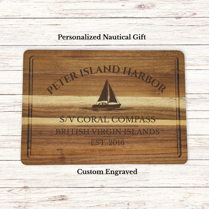Peter Island Harbor British Virgin Islands sailboat cutting board personalized with Endless Horizon boat name nautical gift