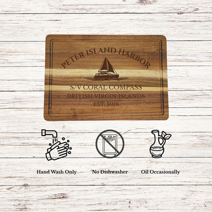 Peter Island Harbor British Virgin Islands cutting board care instructions showing how to clean oil and maintain acacia wood for long lasting use