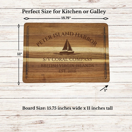 Peter Island Harbor British Virgin Islands sailboat cutting board dimensions and features including size thickness juice groove and edge detail