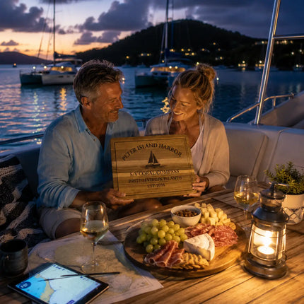 Peter Island Harbor British Virgin Islands personalized cutting board being shared during a peaceful Caribbean catamaran evening gathering beside calm anchorage waters and tropical island silhouettes