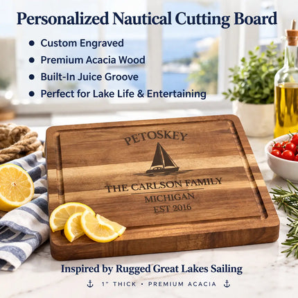 Petoskey Michigan sailboat cutting board in kitchen lifestyle scene personalized nautical cutting board great lakes gift premium acacia wood