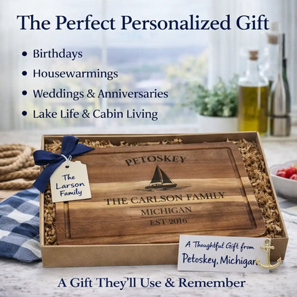 Petoskey Michigan personalized cutting board gift boxed nautical gift for lake house birthdays weddings housewarming great lakes coastal decor