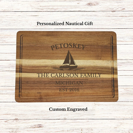Petoskey Michigan sailboat cutting board personalized nautical gift custom engraved acacia wood board lake Michigan coastal kitchen decor