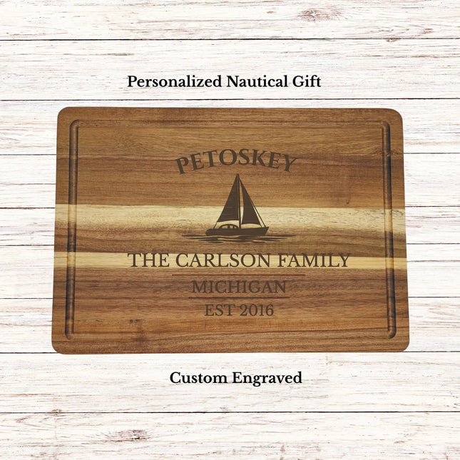 Petoskey Michigan sailboat cutting board personalized nautical gift custom engraved acacia wood board lake Michigan coastal kitchen decor