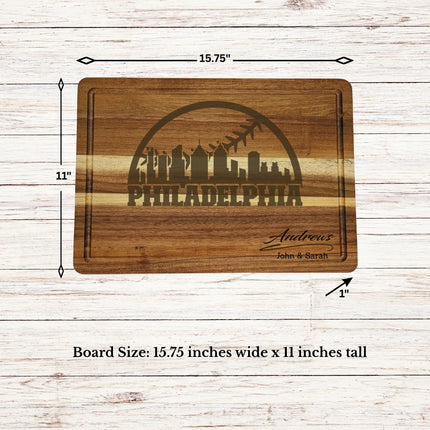 Philadelphia baseball cutting board dimensions showing size thickness and juice groove details on acacia wood board