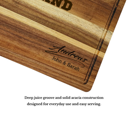 Philadelphia football cutting board showing deep juice groove and solid acacia wood construction