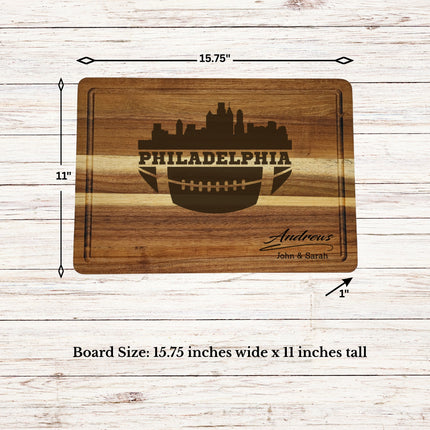 Philadelphia football cutting board showing board dimensions and engraving layout