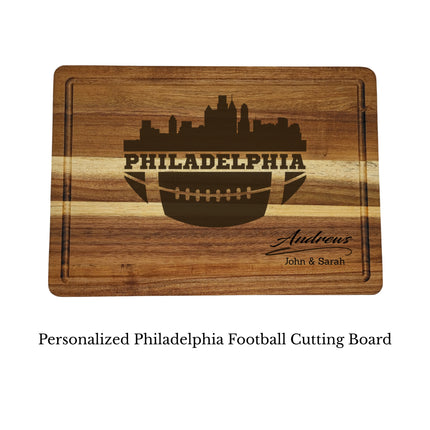 Philadelphia football cutting board personalized with family name shown on a clean white background
