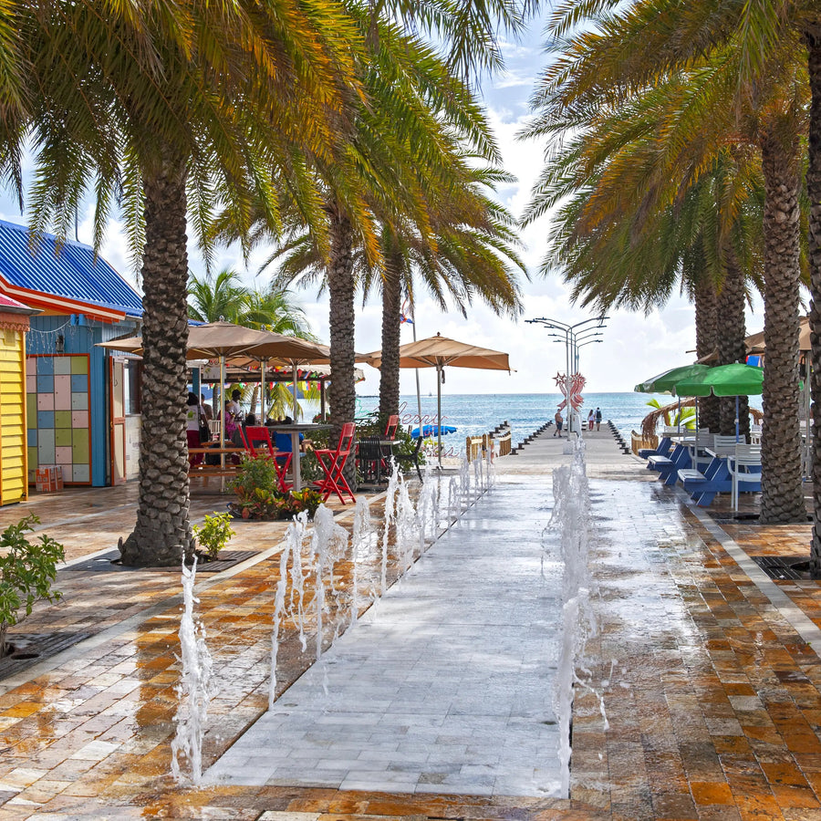 Palm-lined waterfront promenade in Philipsburg Sint Maarten featuring colorful Caribbean architecture, outdoor dining, ocean views, and vibrant island atmosphere