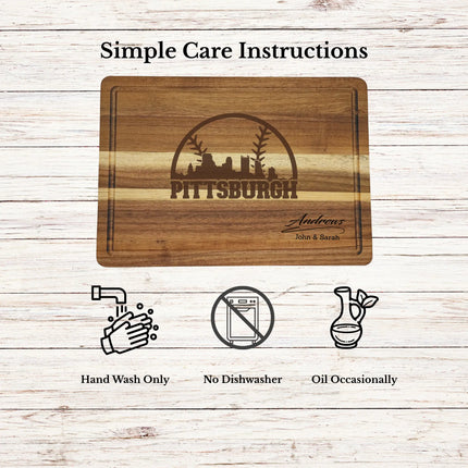 Care instructions for acacia wood cutting board showing cleaning oiling and maintenance for long lasting use