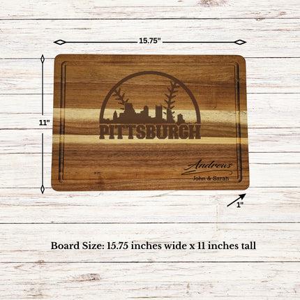 Pittsburgh baseball cutting board dimensions showing size thickness and juice groove details on acacia wood board