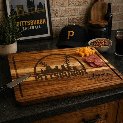 Pittsburgh baseball cutting board displayed in kitchen or sports themed space with food and game day setup