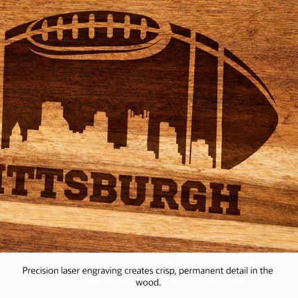 Close-up of laser engraved detail on Pittsburgh football cutting board