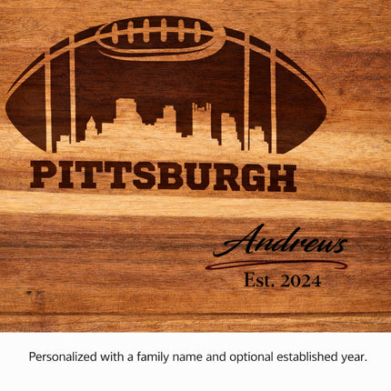 Personalized Pittsburgh football cutting board with family name engraving