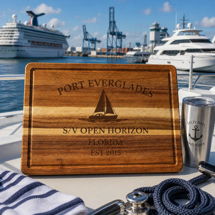 Port Everglades Florida sailboat cutting board on a yacht deck with marina cruise ships and working port background