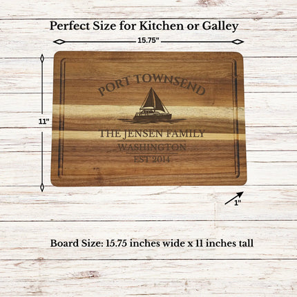 Port Townsend Washington sailboat cutting board dimensions and features including size thickness juice groove and reversible design