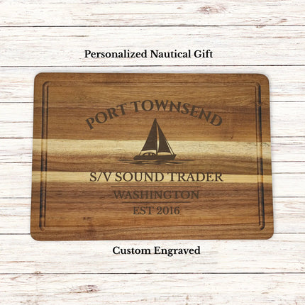 Port Townsend Washington sailboat cutting board personalized with Sound Trader boat name nautical gift