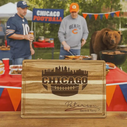 Personalized Chicago Football Cutting Board: Acacia Wood Super Bowl Decor