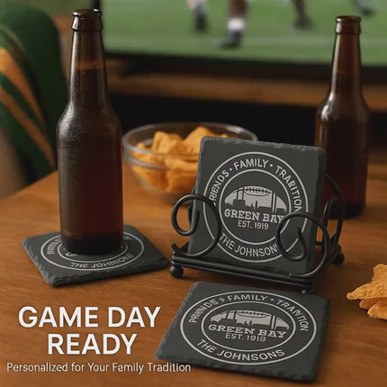 Personalized Green Bay Football Coasters Set of 4 | Custom Family Name Slate Square or Round Coasters | Optional Holder | Holiday Gift