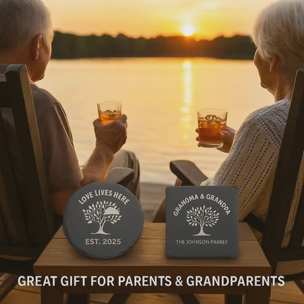 Personalized 4" Slate Coasters for Parents or Grandparents | Set of 4 Unique Designs with Optional Holder | Laser Engraved Gift for Family