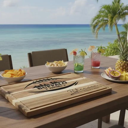 Buffalo Football Cutting Board Gift Set – Personalized Acacia Board with Optional Towel, Cheese Spreaders & Gift Wrap