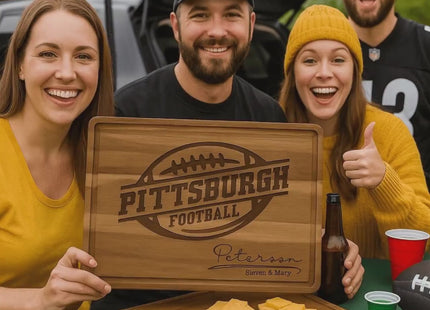 Pittsburgh Football Cutting Board – Personalized Acacia Wood Gift | Custom Engraved Charcuterie Board for Fans & Tailgate Parties