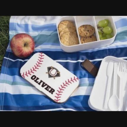 Personalized Baseball Bento Box: Kids School Lunch Container with Wooden Lid