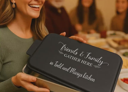 Personalized Aluminum Cake Pan with Engraved Lid: Friends & Family Gather Here