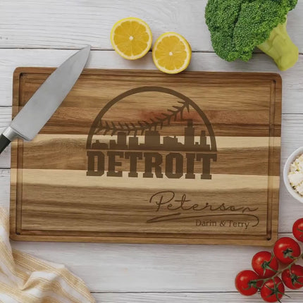 Personalized Detroit Baseball Cutting Board: Engraved Acacia Wood Gift