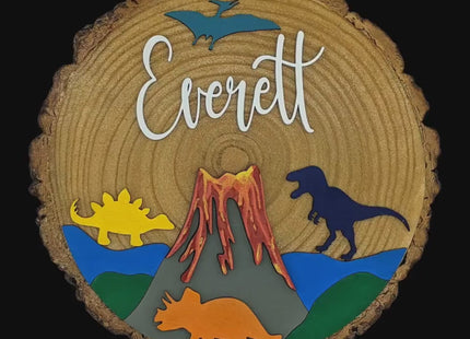 Personalized Kids Wooden Name Sign: Dinosaur or Mountain Decor