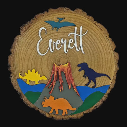 Personalized Kids Wooden Name Sign: Dinosaur or Mountain Decor