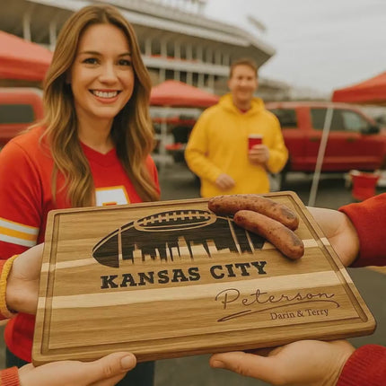 Personalized Kansas City Football Cutting Board: Engraved Acacia Wood Super Bowl Decor