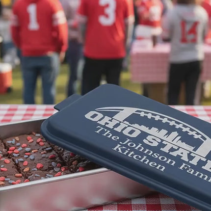 Personalized Football Cake Pan & Pie Tin | Custom Team Bakeware Gift | Laser Engraved Kitchen Pan | Tailgate and Holiday Baking Gift