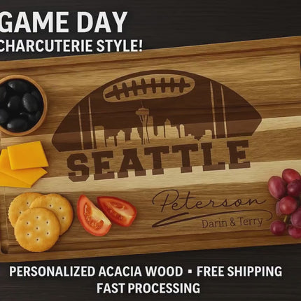 Personalized Seattle Football Cutting Board: Engraved Acacia Wood Game Day Gift