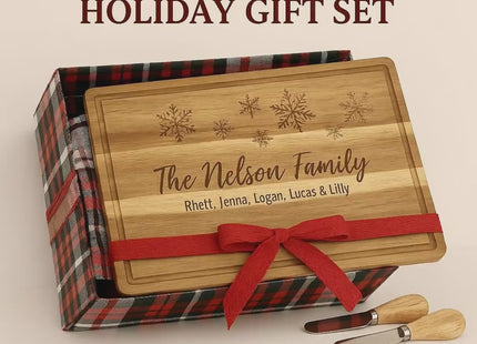 Holiday Personalized Cutting Board Gift Set – Custom Acacia Charcuterie Board with Towel & Spreader Knives, 4 Designs, Gift Wrap Available