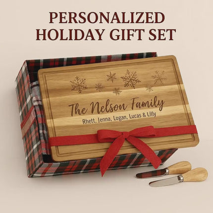 Holiday Personalized Cutting Board Gift Set – Custom Acacia Charcuterie Board with Towel & Spreader Knives, 4 Designs, Gift Wrap Available