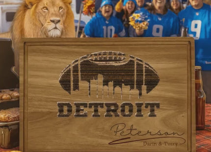 Personalized Detroit Football Fan Cutting Board: Engraved Acacia Wood Cheese Board
