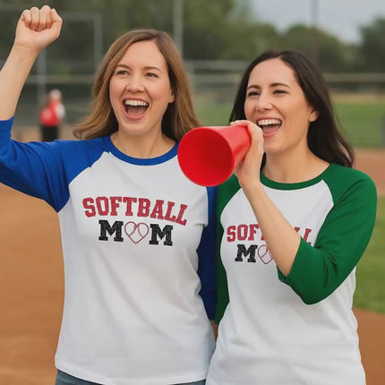 Softball Mom Raglan Shirt: Heart Graphic 3/4 Sleeve Tee