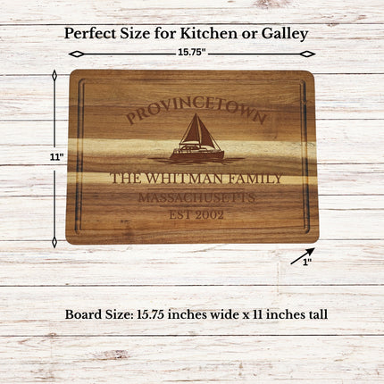 Provincetown Massachusetts sailboat cutting board dimensions solid acacia wood nautical kitchen board size guide