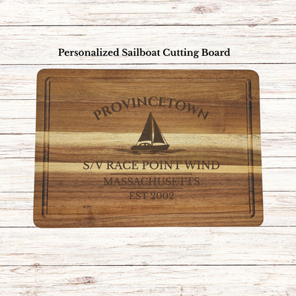 Provincetown Massachusetts sailboat cutting board engraved on solid acacia wood personalized nautical kitchen gift