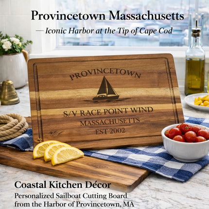 Provincetown Massachusetts sailboat cutting board styled in coastal kitchen inspired by Cape Cod sailing harbor life