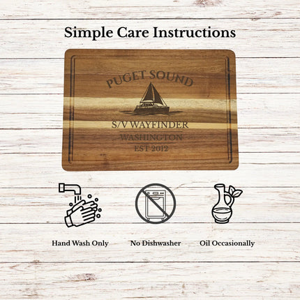 Puget Sound Washington cutting board care instructions showing how to clean oil and maintain acacia wood