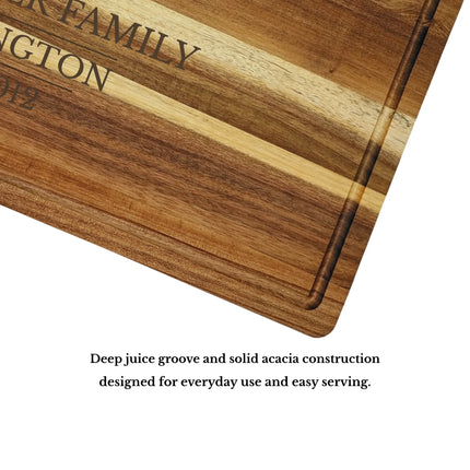 Puget Sound Washington cutting board juice groove and edge detail showing solid acacia wood craftsmanship built for everyday use