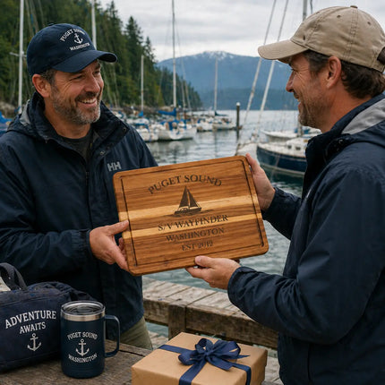 Puget Sound Washington personalized cutting board being given as a gift between sailors at a marina dock with boats and mountains in the background