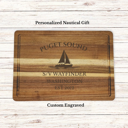 Puget Sound Washington sailboat cutting board personalized with Wayfinder boat name nautical gift