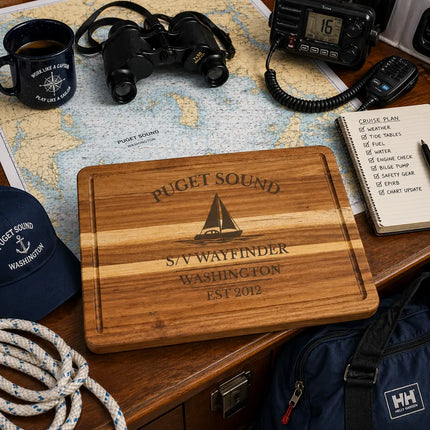 Puget Sound Washington sailboat cutting board on a navigation table with charts binoculars radio and cruising checklist preparing for sailing