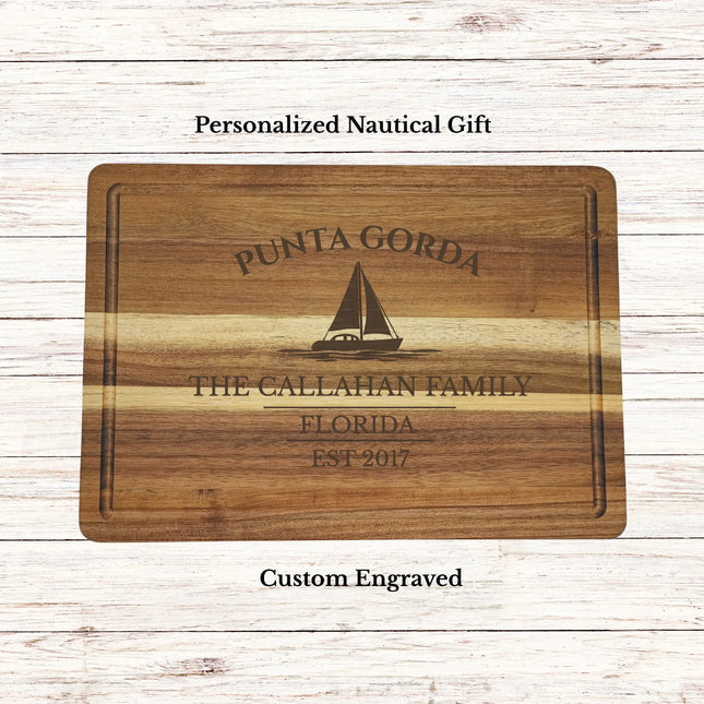 personalized punta gorda florida sailboat cutting board custom engraved family name gift acacia wood